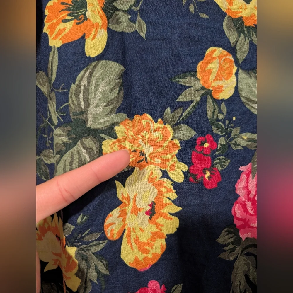 Navy Colorful Floral Cotton Boat Neck Puff Sleeve Relaxed Blouse M Resortwear - Picture 10 of 11